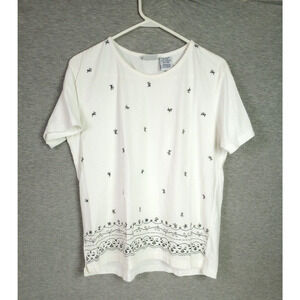Bobbie Brooks Women Short Sleeve Shirt Large 12/14 White Black Embroidery Casual